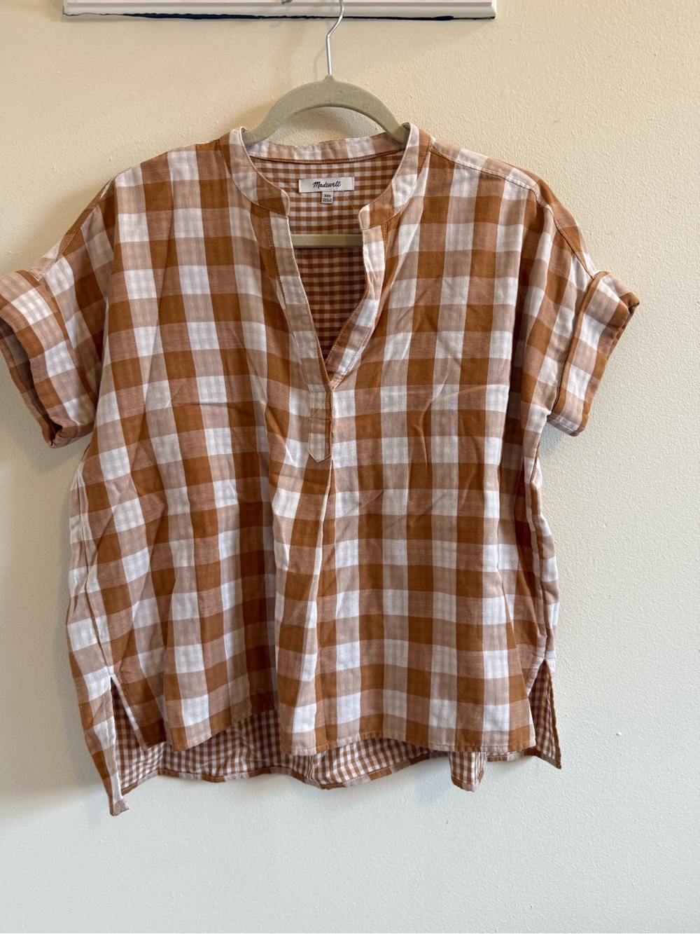 Madewell Cream and Brown Gingham Short-Sleeve Linen Top